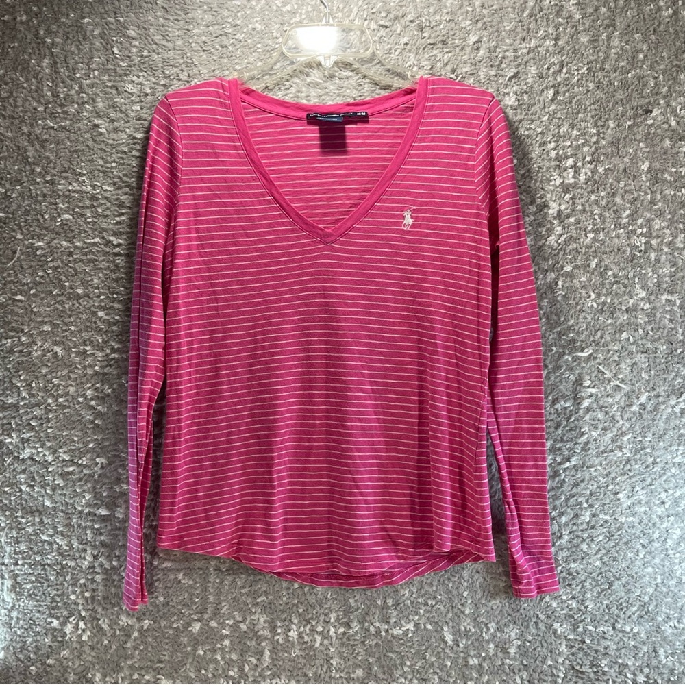 Ralph Lauren Sport Womens Long Sleeve Shirt Pink Striped V-Neck Stretch Preppy M